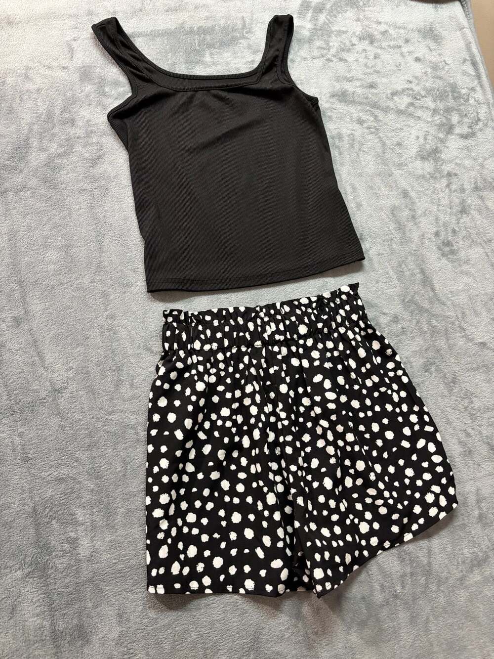 Black Ribbed Tank Top and High-Waisted Dalmatian Print Shorts Set with Belt